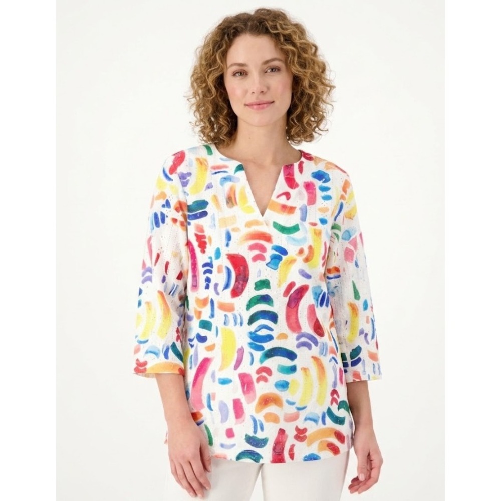 Impulse California Medium Colorful Artsy V Neck Open Knit Stretch 3/4 Sleeve Top